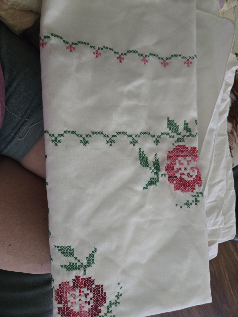 Embroidered Floral Pillowcase in White with Pink and Green. A Lot Of Items